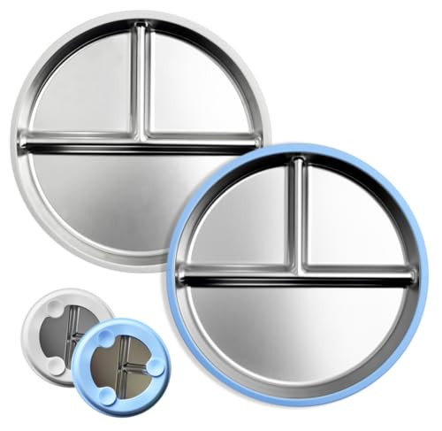 Stainless Steel Kids Plates, Plates with Suction, Stainless Steel Plate Suction, Divided Control Plate with Removable Silicone Shell, Feeding Camping (Blue and Grey) | Amazon (CA)