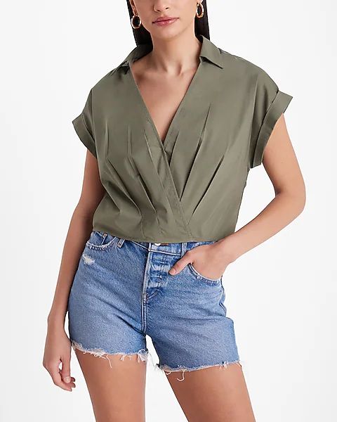 V-Neck Rolled Sleeve Pleated Surplice Cropped Top | Express (Pmt Risk)