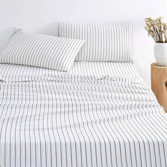 Wake In Cloud - White Striped Sheet Set, 100% Washed Cotton Bedding, Black Vertical Ticking Strip... | Amazon (US)