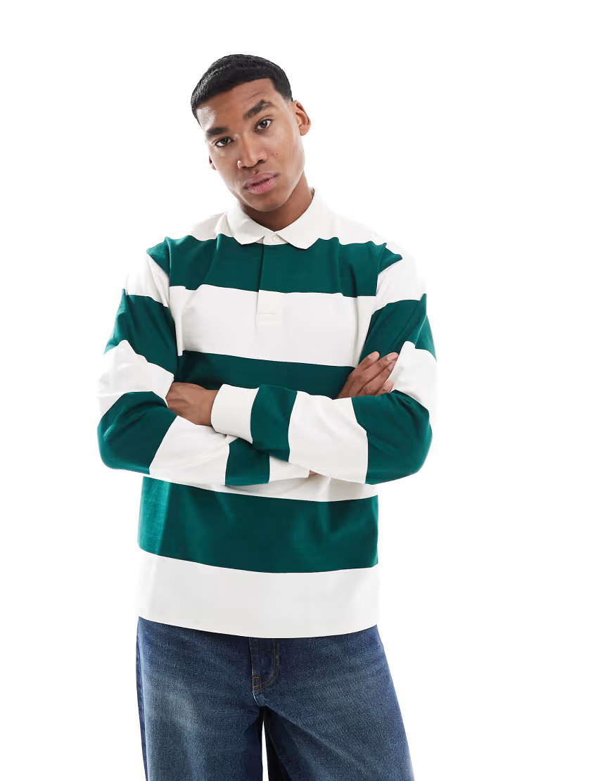 New Look oversized stripe rugby polo shirt in green pattern-White | ASOS (Global)