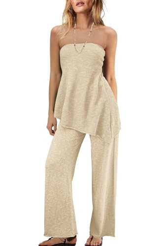 Panadila Womens Off Shoulder Sweater Set 2 Piece Outfits Summer Vacation Knit Matching Lounge Set Tube Top and Pants Set(Beige,L) | Amazon (US)