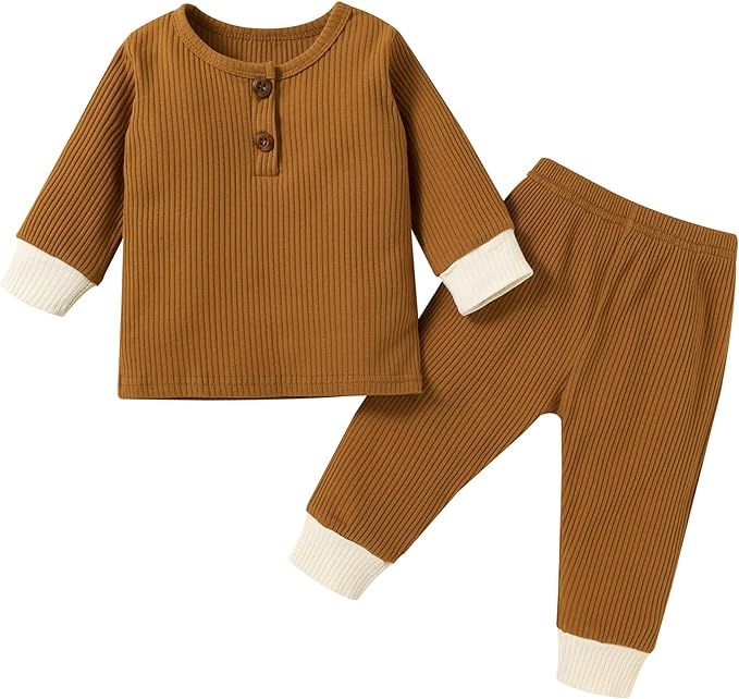 Infant Newborn Baby Boys Clothes Cotton Long Sleeve T-Shirts Tops +Knitted Ribbed Pants Sets Baby... | Amazon (US)