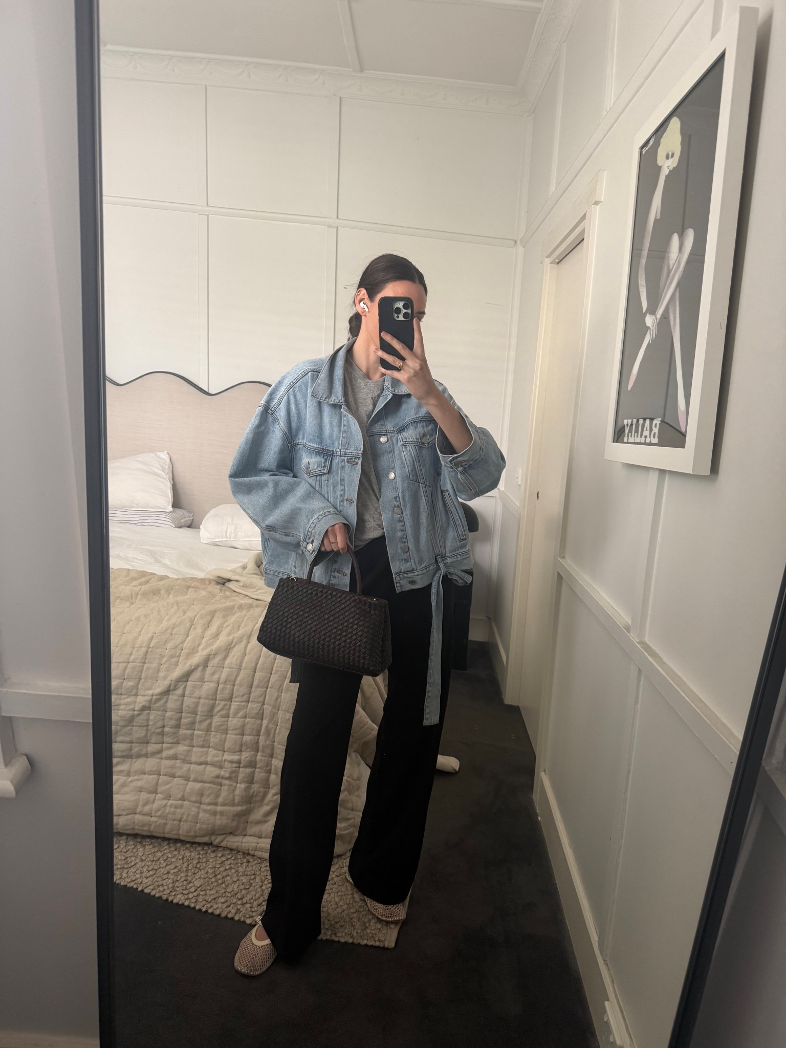 Today’s casual ootd 

Oversized denim jacket 
Grey tee shirt 
Black trousers 
Brown leather bag 
White mesh ballet shoes 

#LTKsummer #LTKaustralia #LTKstyletip