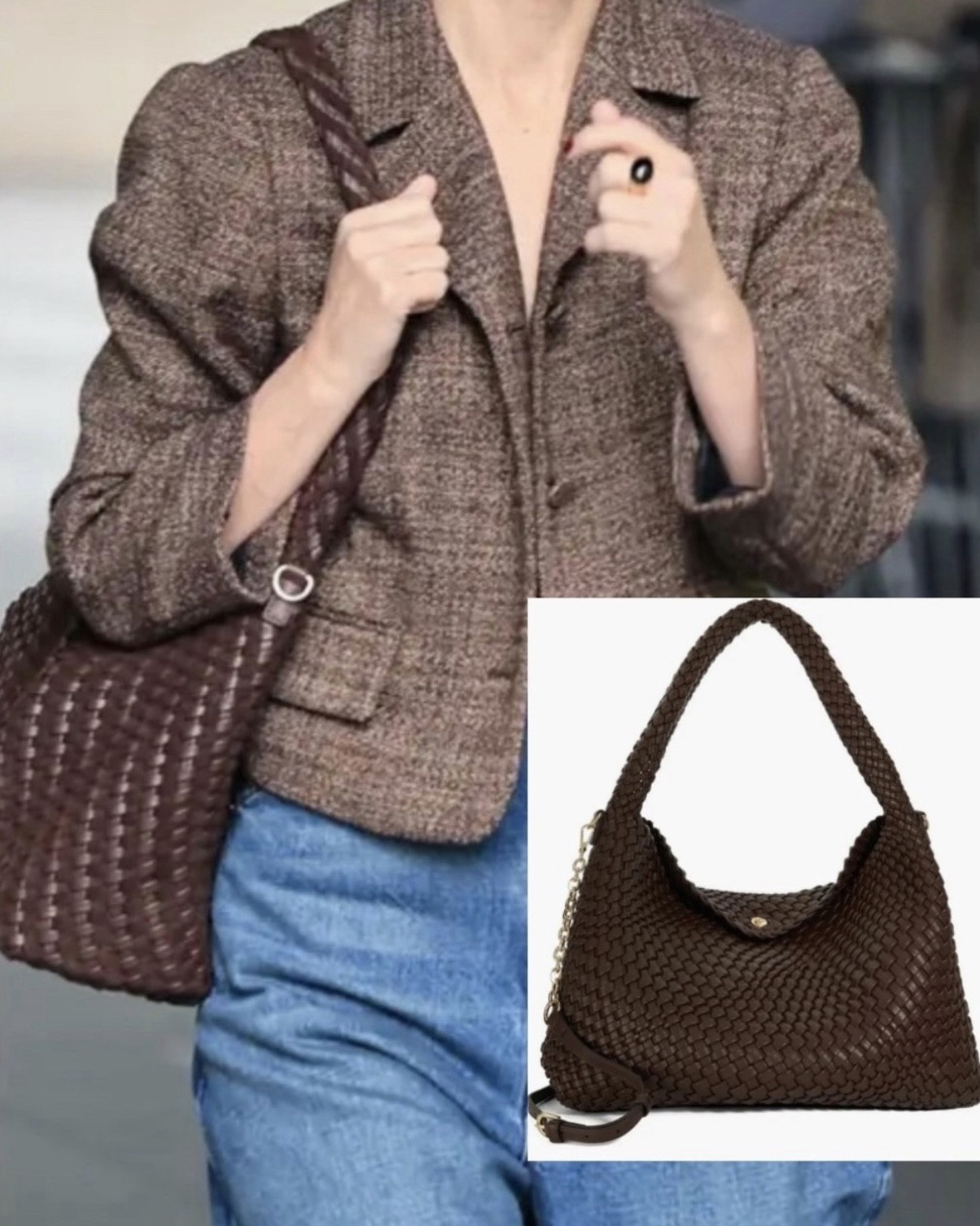 Rose Byrne was snapped in London last weekend ahead of the BAFTAs, looking ever stylish in wide-leg jeans, black booties, a short, brown tweed jacket — and what’s become celebs’ go-to bag, the large Dune London Deliberate.

Katie Holmes, Bella Hadid and Daisy Edgar-Jones are just a few of the fashionistas who have worn the style, which is surprisingly under $200. The woven, slouchy bag comes in different sizes and a range of pretty colors.

#LTKSeasonal #LTKitbag #LTKstyletip