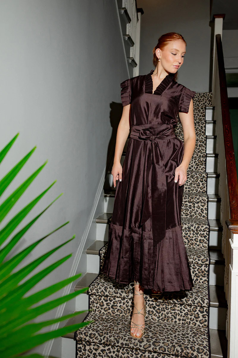 Pleated Sleeveless SUE SARTOR Flounce Maxi | Chocolate Silk Taffeta | SUE SARTOR