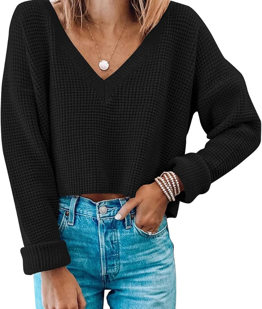 Jumppmile Womens V Neck Waffle Knit Cropped Top Long Sleeve Pullover Crop Sweater | Amazon (US)