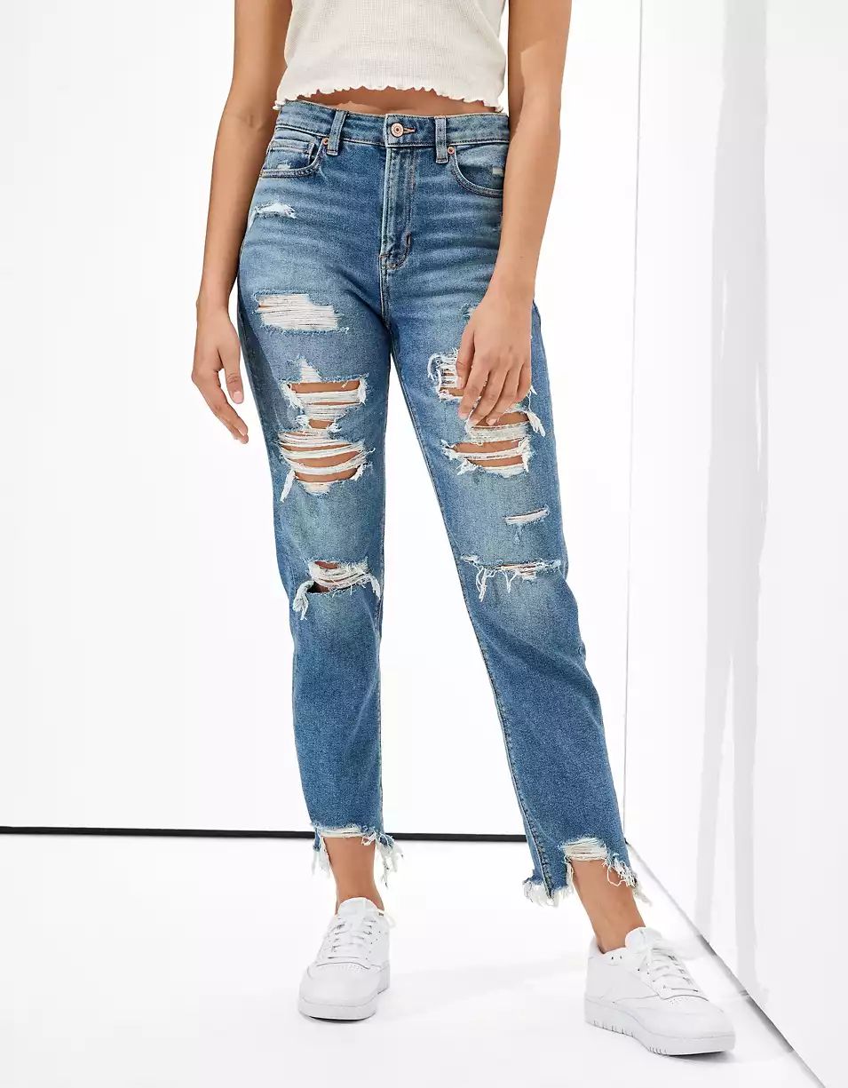 AE Stretch Ripped Mom Straight Jean | American Eagle Outfitters (US & CA)