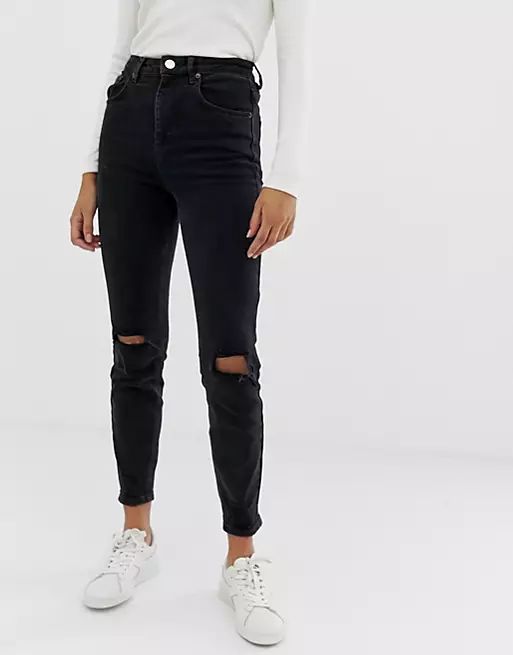 ASOS DESIGN high rise farleigh 'slim' mom jeans in washed black with busted knees | ASOS (Global)