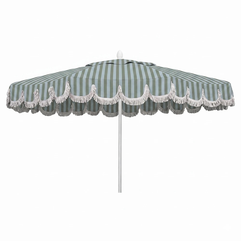 Camille French Country Sail Away Aloe Striped Sunbrella Umbrella | Kathy Kuo Home