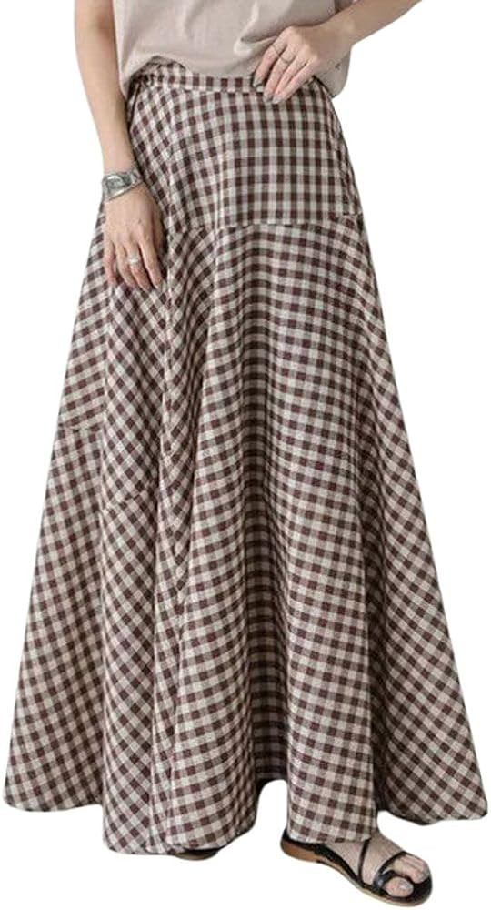 chouyatou Women's Retro Plaid A Line Midi Skirt Gingham High Elastic Waisted Pleated Swing Long S... | Amazon (US)