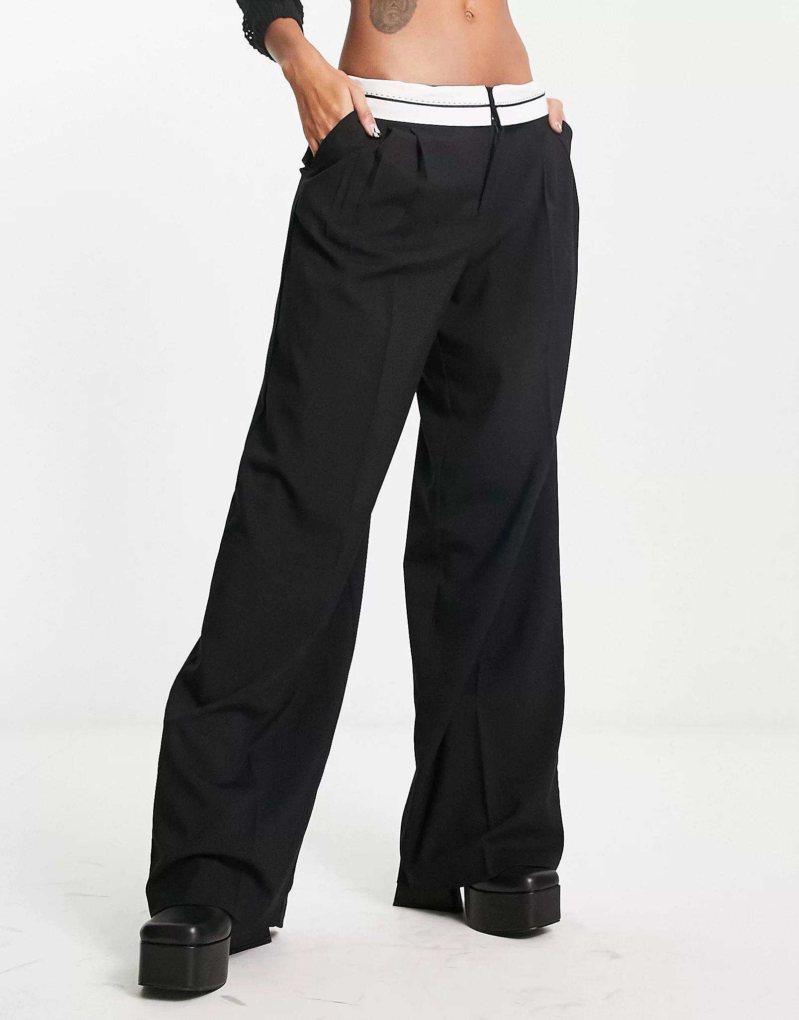 Bershka reverse waistband tailored trouser in black | ASOS (Global)