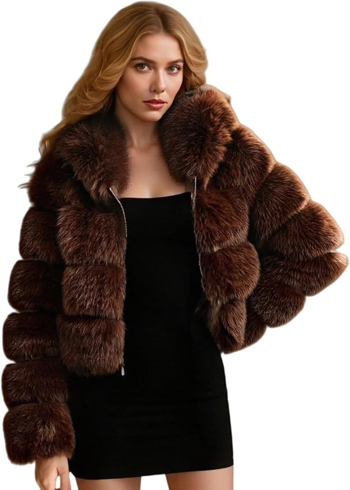 Women's Fluffy Faux Fur Cropped Hooded Jacket Coats,Shaggy Hoodie Short Crop Parka Tops | Amazon (US)