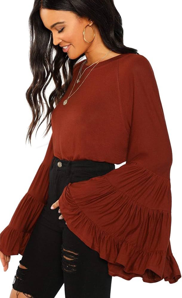 Floerns Women's Casual Boho Ruffle Long Bell Sleeve Tops Tee Shirt | Amazon (US)
