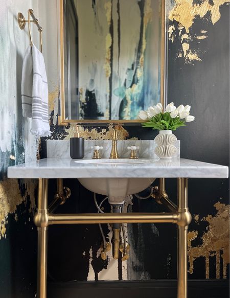 Bathroom sink console, marble sink, faux flowers 

#LTKhome