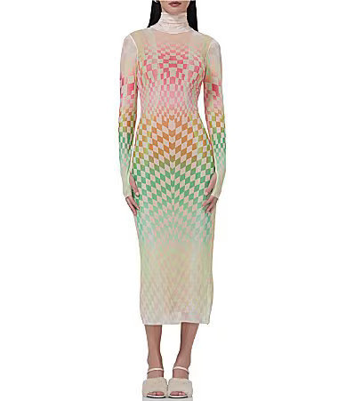 AFRM Shailene Mesh Geometric Print Turtleneck Long Sleeve Midi Dress - XS | Dillard's