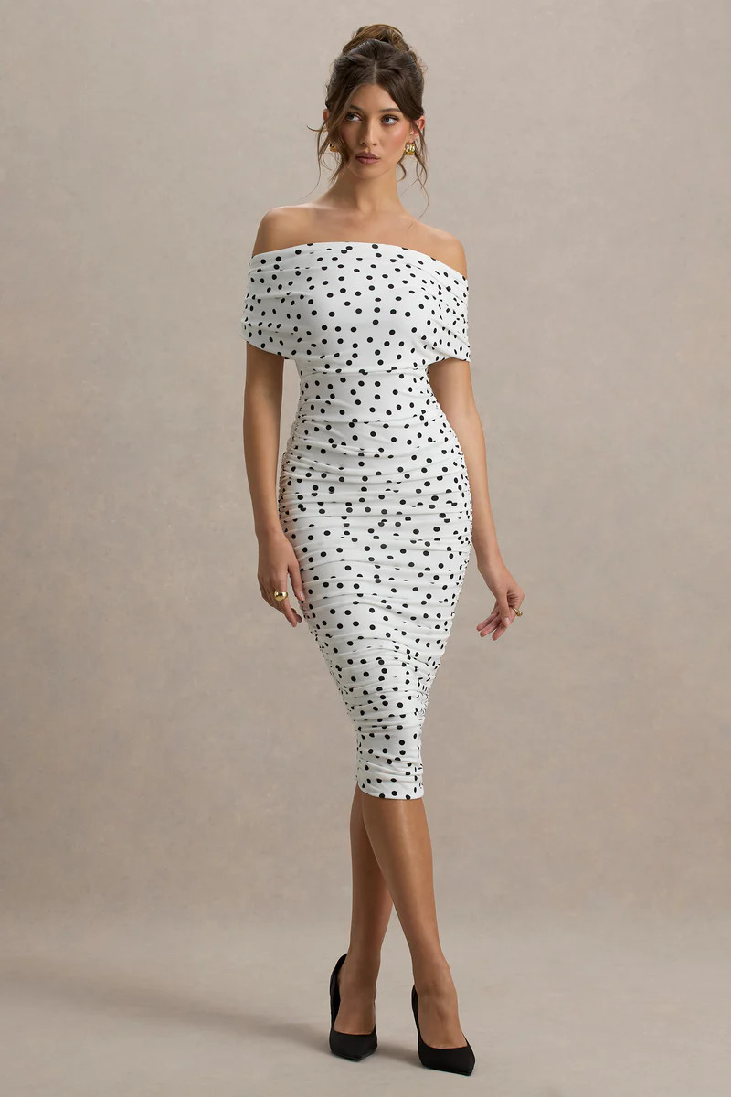 Rayleigh | Polka Dot Bardot Ruched Midi Dress | Club L London