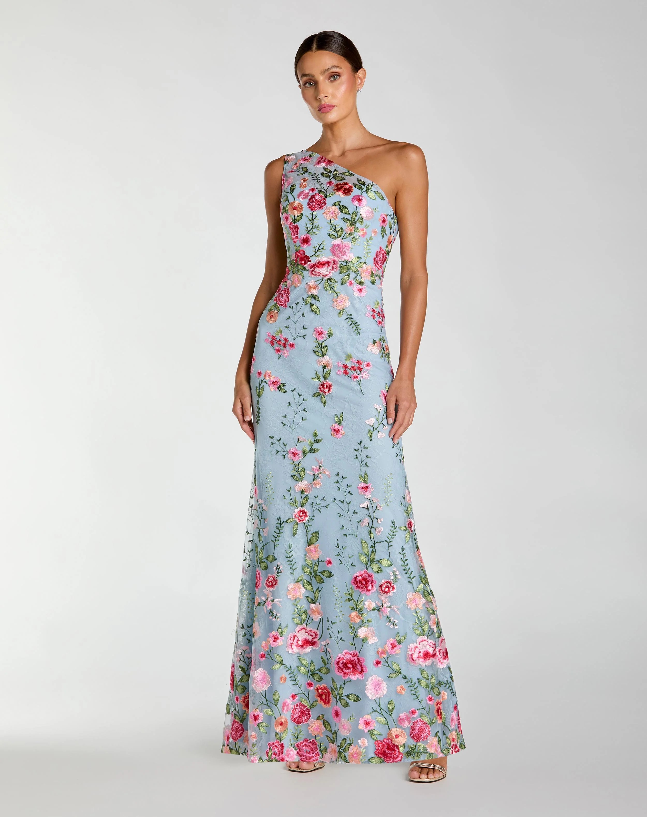Blue One Shoulder Floral Embroidered Gown | Mac Duggal