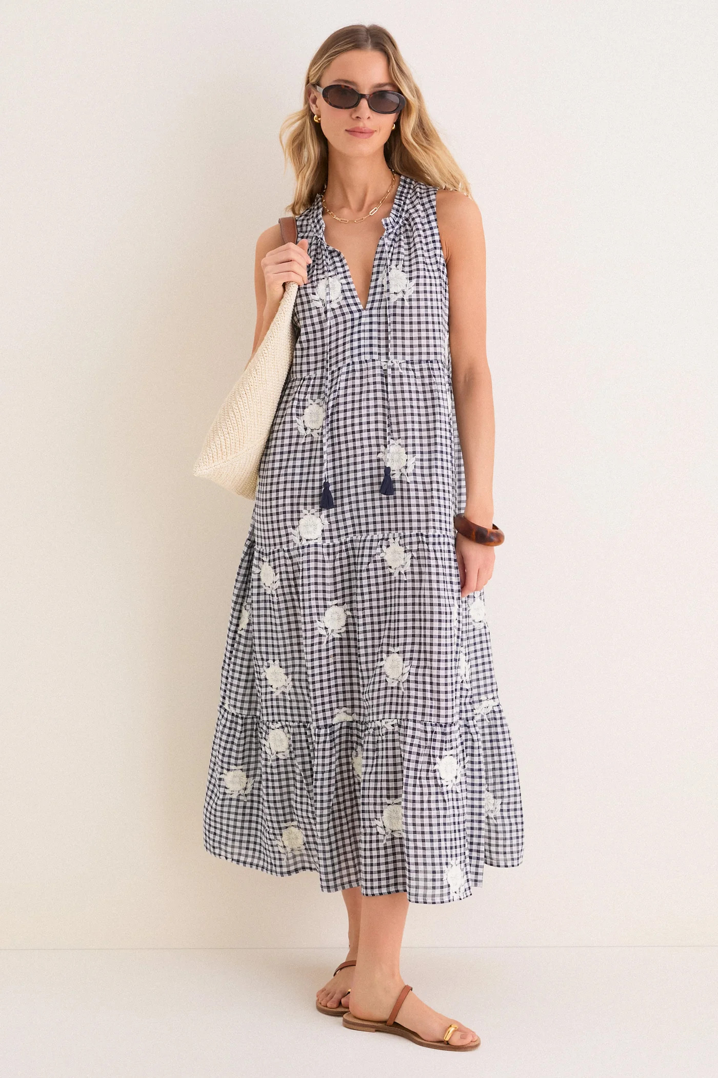 Sapphire Gingham Embroidered Sleeveless Salty Paloma Caftan | Tuckernuck (US)