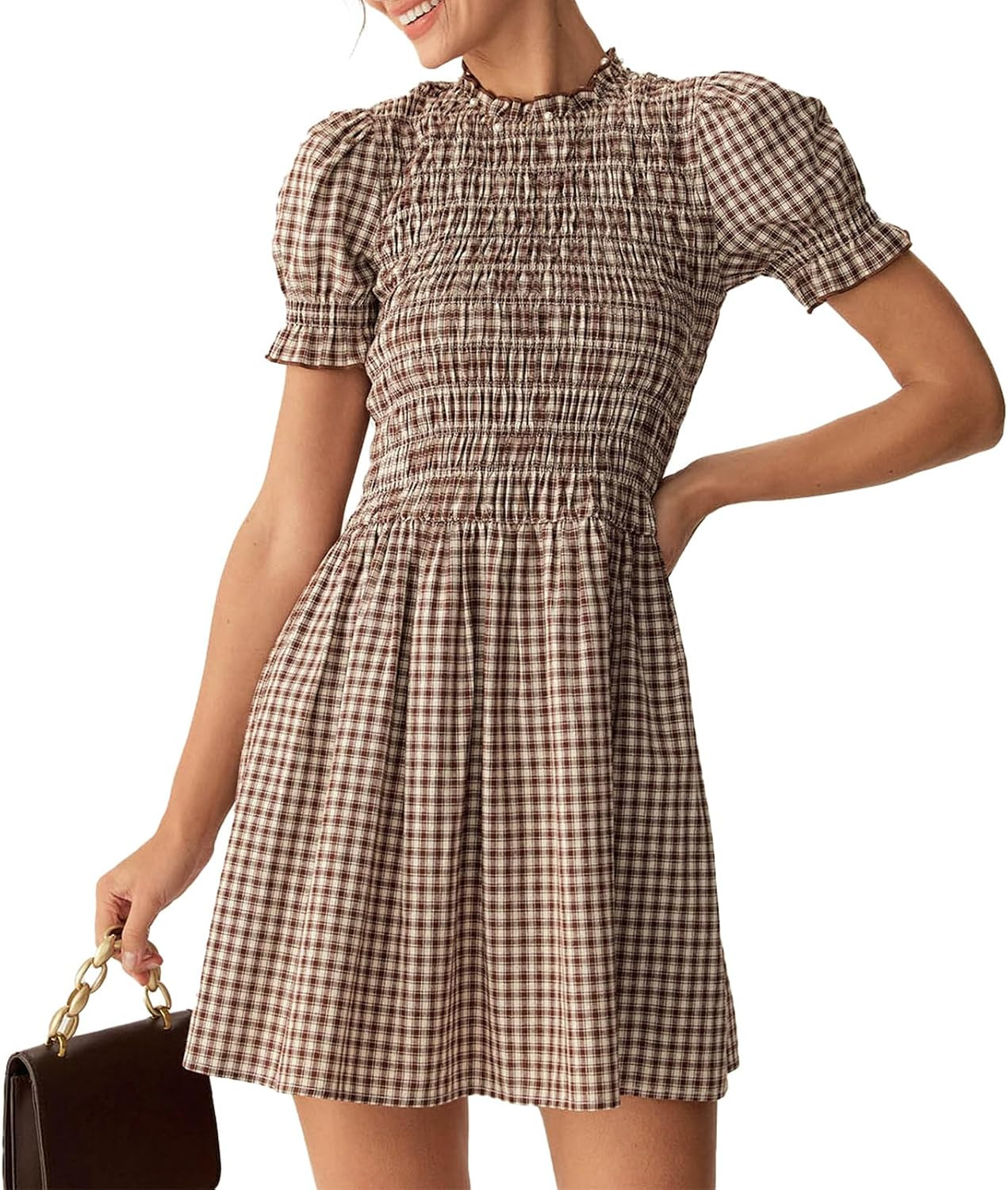 RIHOAS Plaid Gingham Mini Dress Short Sleeve Smocked Dresses for Women | Amazon (US)