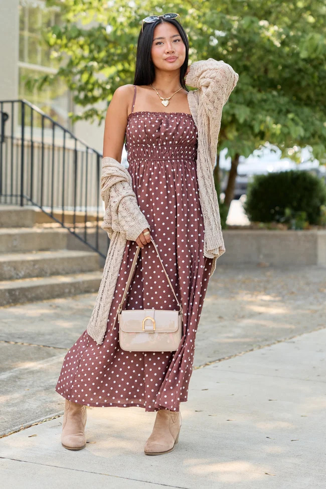 Lovingly Yours Polka Dot Midi Dress Brown | Pink Lily