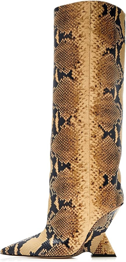 Women's Pointed Toe Slope Heel Knee High Boots Splicing Sleeve High Heel Boots for Women Fashion ... | Amazon (US)