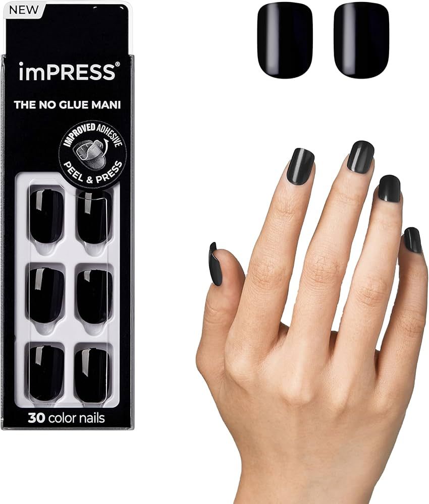 KISS imPRESS No Glue Mani Press On Nails, Color, 'All Black', Black, Short Size, Squoval Shape, I... | Amazon (US)