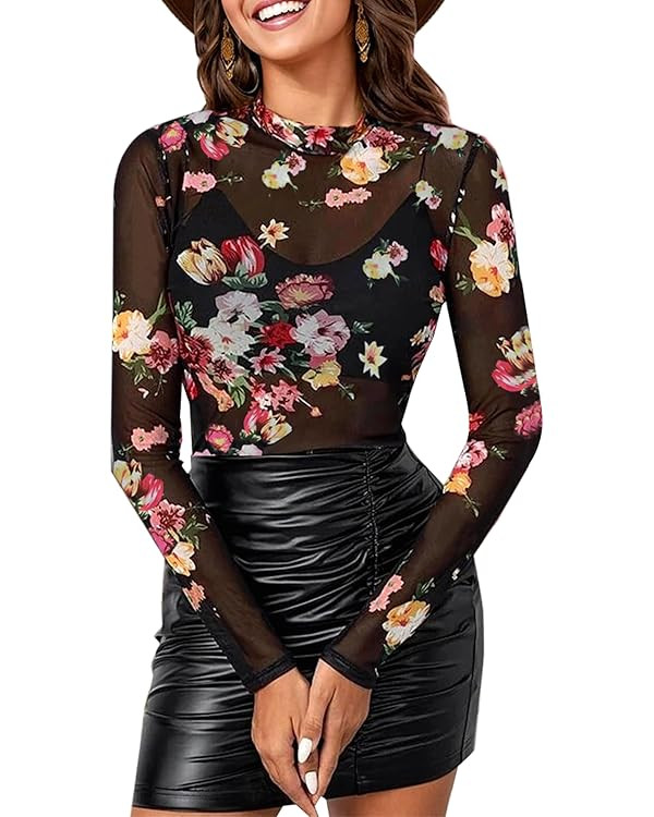 Floral Mesh Long Sleeve Tops for Women Mock Neck See Through Fitted Sexy Going Out Top | Amazon (US)