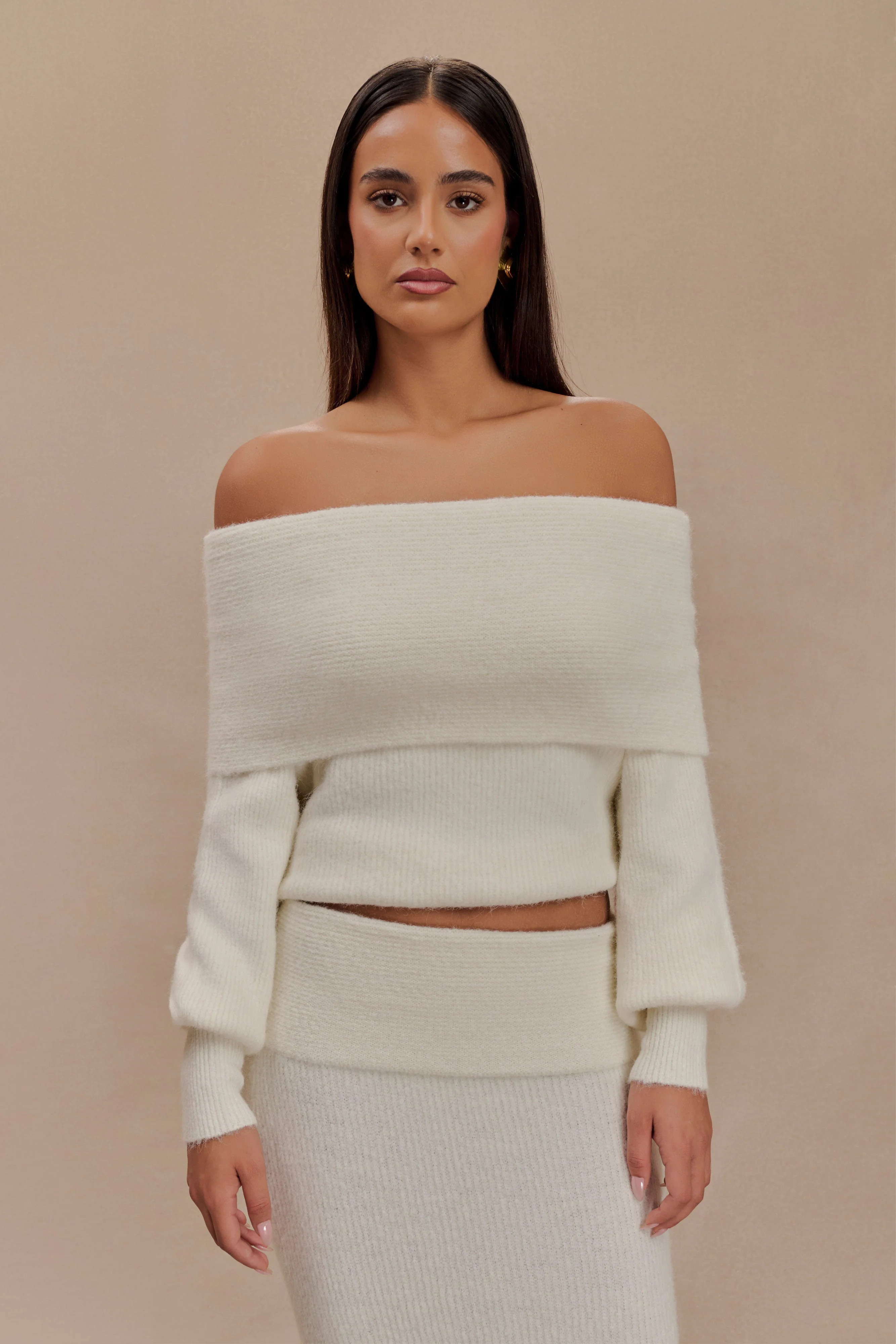 Charlotte Off Shoulder Knit Long Sleeve Top - Ivory | MESHKI US