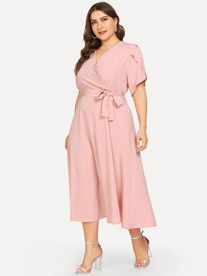 SHEIN Plus Wrap Waist Belted Petal Sleeve Dress | SHEIN