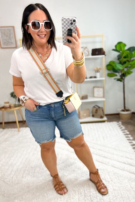 New 8 inch denim shorts by the Sofia Vergara brand!  Love the length and fit of these and they’re under $20!  Sized up to a size 16 but I have some room. Could possibly go with a size 14. XL tee. Linked similar options too.  And how fun is this designer inspired crossbody bag?  I love the fun strap included!  Sandals fit tts  

#LTKSeasonal #LTKFindsUnder50 #LTKMidsize