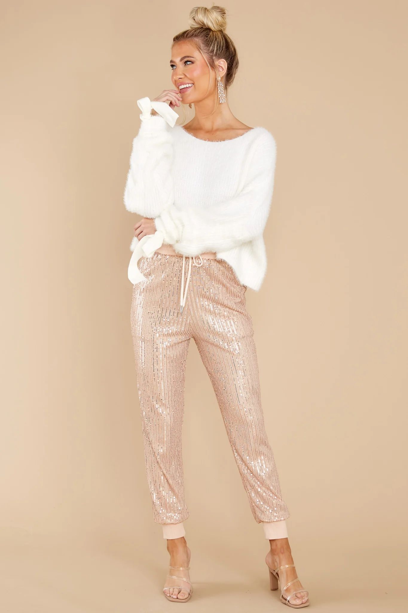 Marquee Glitter Rose Gold Sequin Pants | Red Dress 