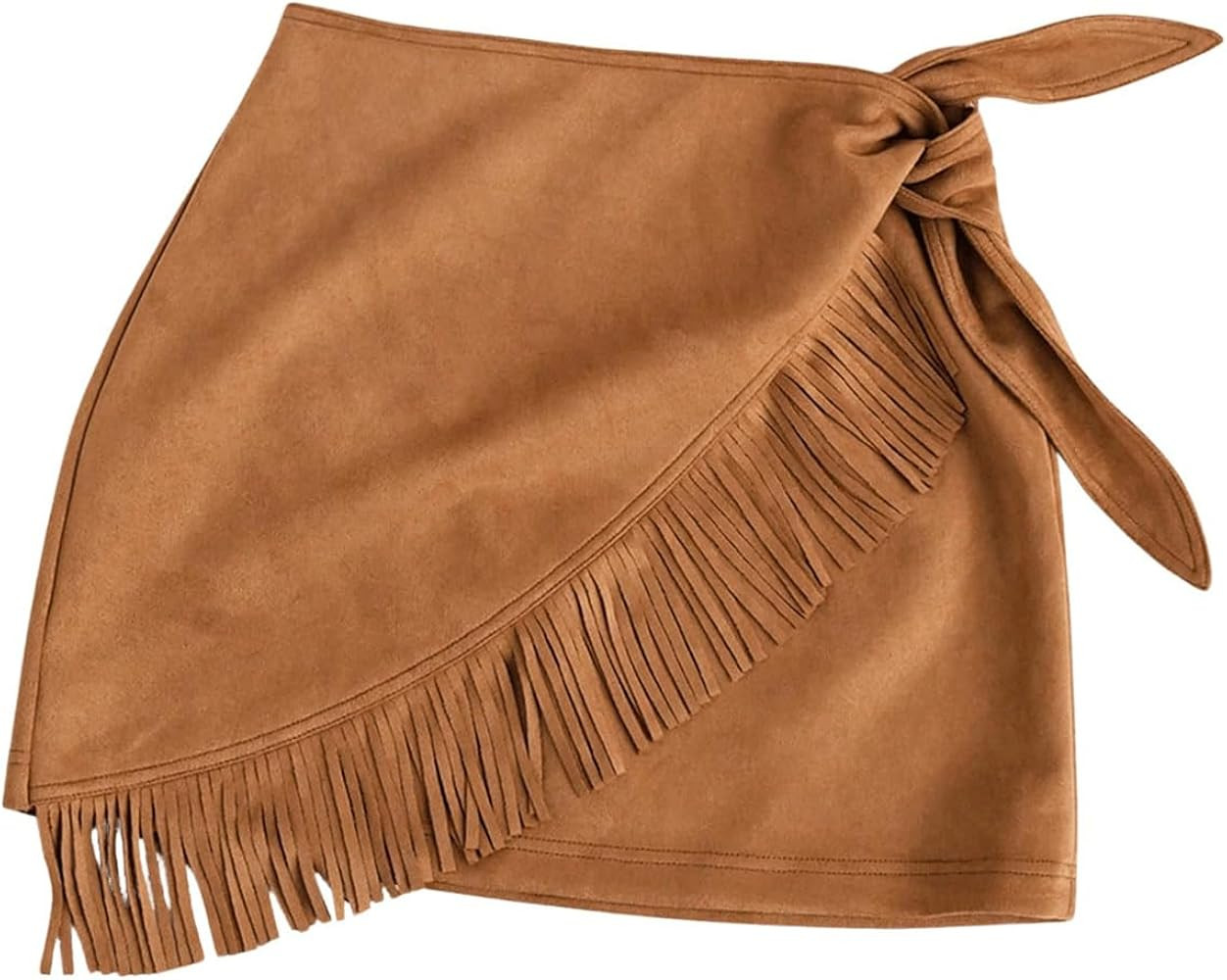Floerns Women's High Waisted Fringe Hem Mini Skirt Western Tie Side Suede Skirts | Amazon (US)