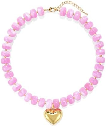 Chunky Heart Necklace for Women, Colorful Acrylic Beaded Statement Puff Heart Necklace, Cute Boho... | Amazon (US)