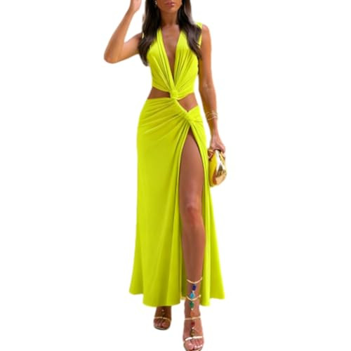 Evankin Women's Long Dress Cutout Twist Sexy Slit Hem V-Neck Tight Irregular Summer Outfits | Amazon (US)