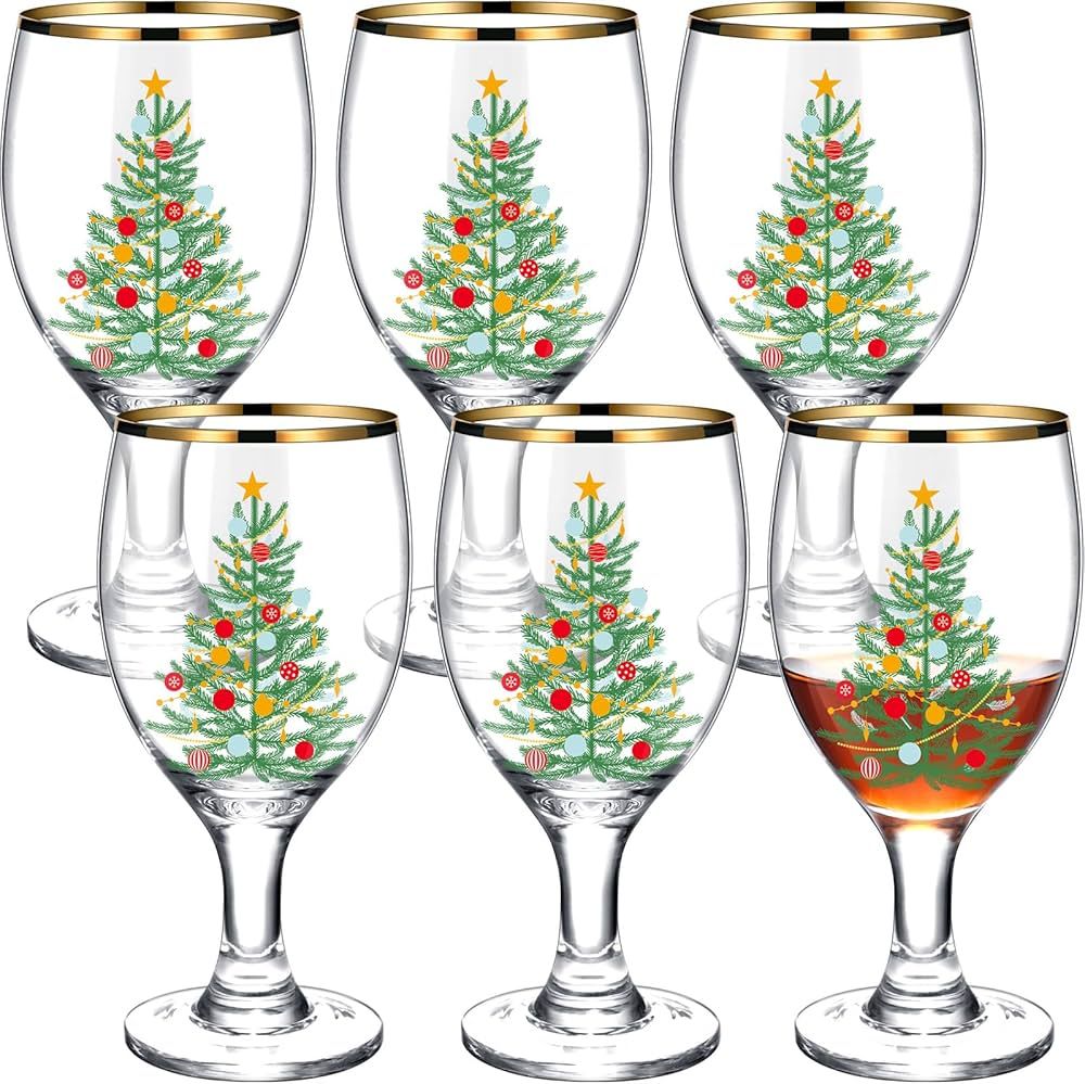 Mumufy 6 Pcs Christmas Wine Glasses Set Long Stem Wine Glasses Winter Holiday Berry Goblets Golde... | Amazon (US)