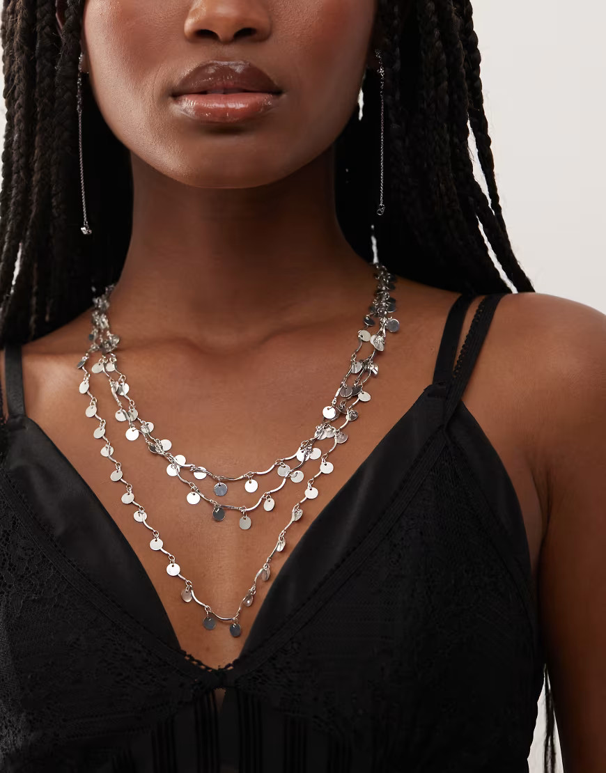 Reclaimed Vintage festival silver disc chain layered long necklace in silver | ASOS (Global)