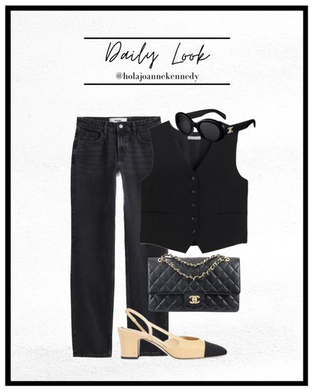 spring outfit, daily outfit inspo, black outfit idea, black jeans, straight jeans outfit, Chanel slingbacks, two tone sling backs, black waistcoat, spring tailoring 

#LTKeurope #LTKstyletip #LTKworkwear