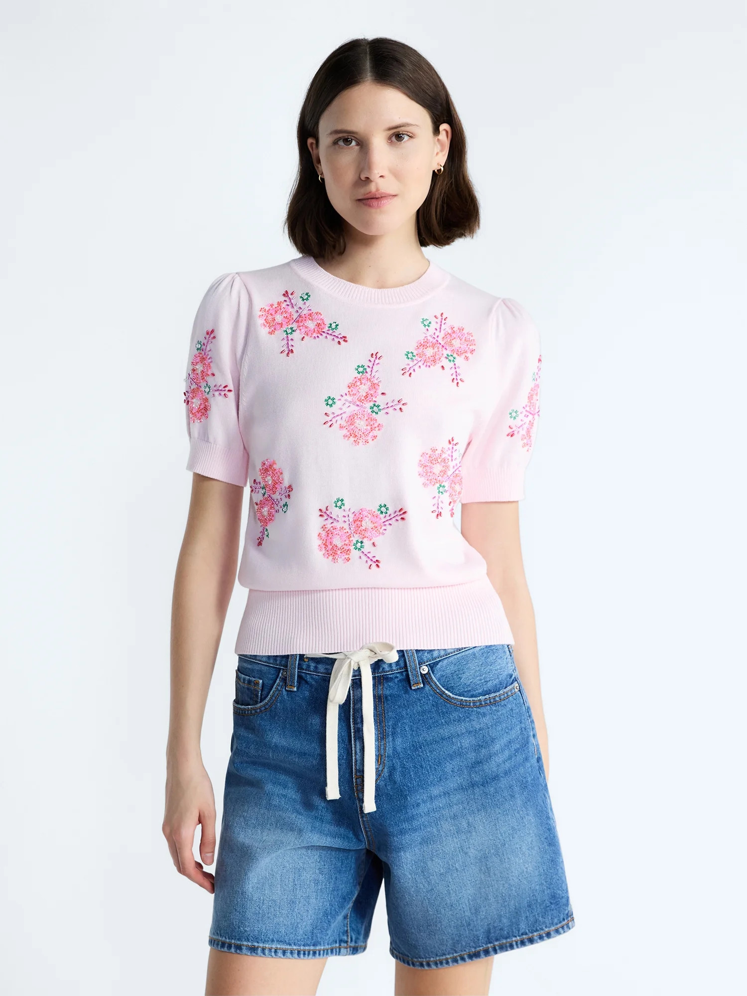 Free Assembly Women's and Women's Plus Floral Sweater with Puff Sleeves, Lightweight, Sizes XS-4X | Walmart (US)