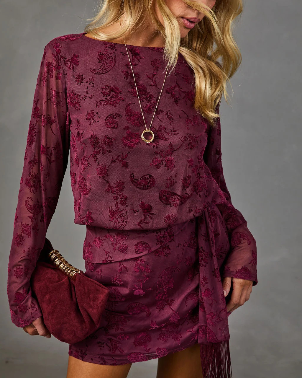 Paigely Mesh Flocked Floral Wrap Tie Mini Dress Wine / XL | VICI