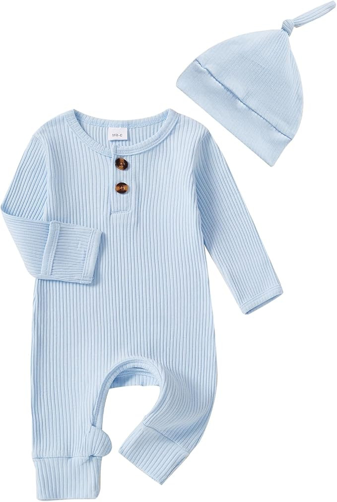 Infant Boys Girls Clothes Set Newborn Baby Romper Hat Ribbed Knit Long Sleeve Button Solid Bodysu... | Amazon (US)