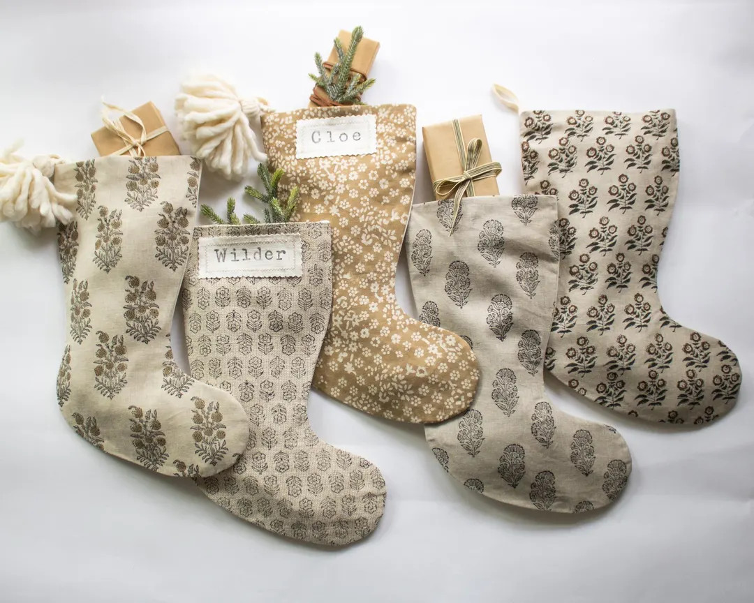 Neutral Linen Christmas Stockings Personalized, Blockprint Holiday Stocking, Vintage Inspired Chr... | Etsy (US)