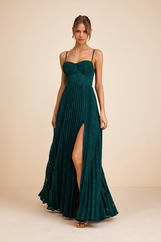 Dacie Emerald Floral Burnout Pleated Bustier Maxi Dress | Lulus