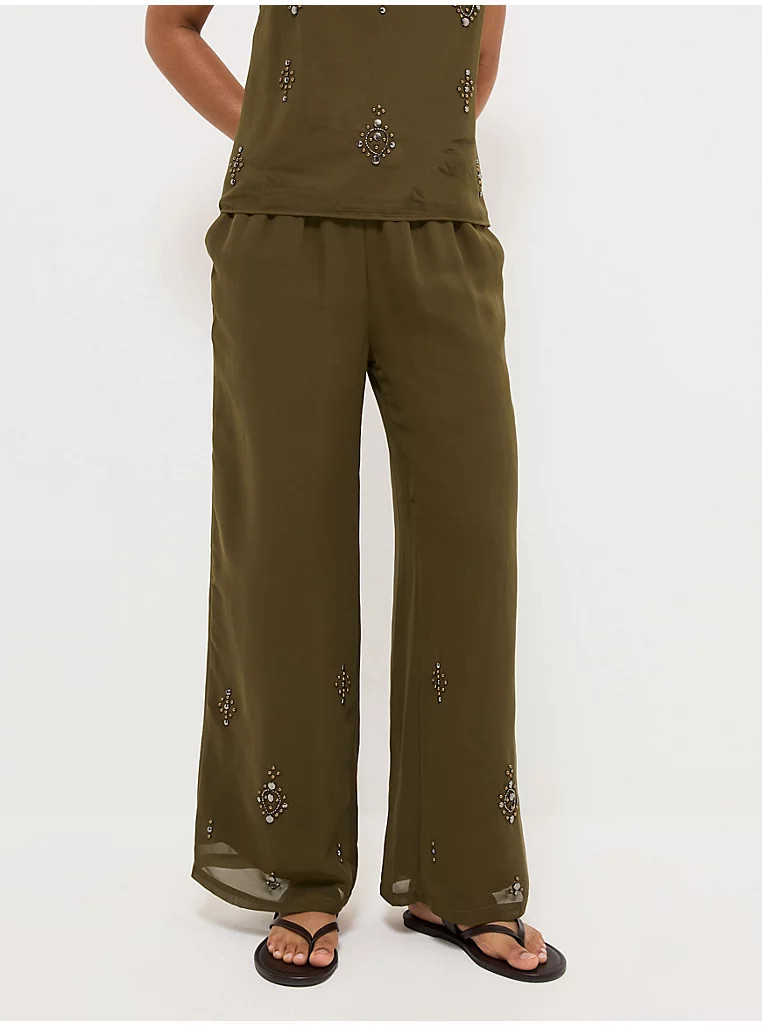 Khaki Embellished Wide Leg Trousers | George