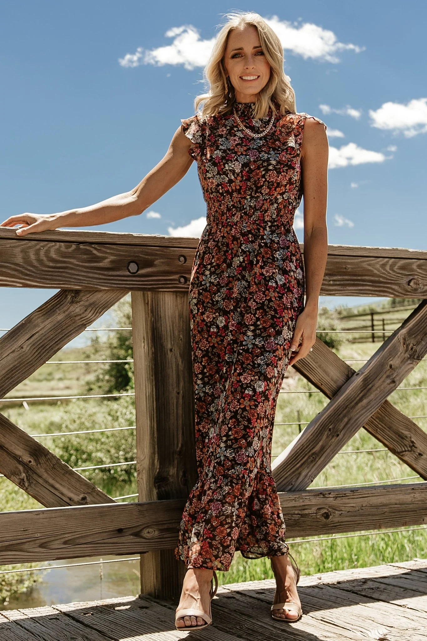 Kearny Ruffle Maxi Dress | Brown Multi Floral | Baltic Born