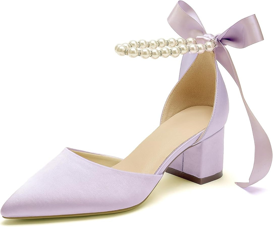 Women Block Pointed Toe Low Chunky Heels with Pearls Pumps Satin Bridal Shoes Evening Party Dress Shoes | Amazon (US)