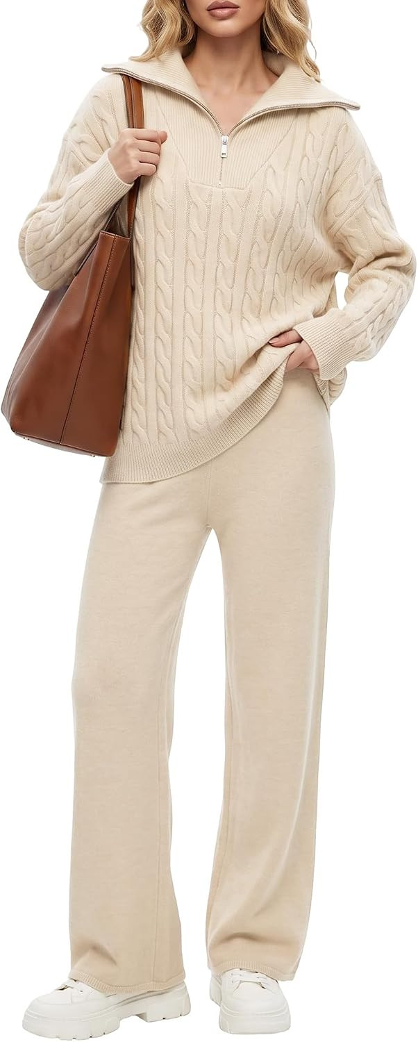 Womens Half-Zip Cable Knit Sweater Set, Long Sleeve Top&Wide Leg Pants 2026 | Amazon (US)