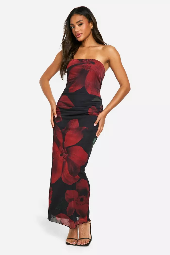 Mesh Flower Print Bandeau Maxi Dress | boohoo (US & Canada)