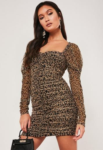 Missguided - Tall Tan Leopard Print Mesh Ruched Mini Dress | Missguided (US & CA)
