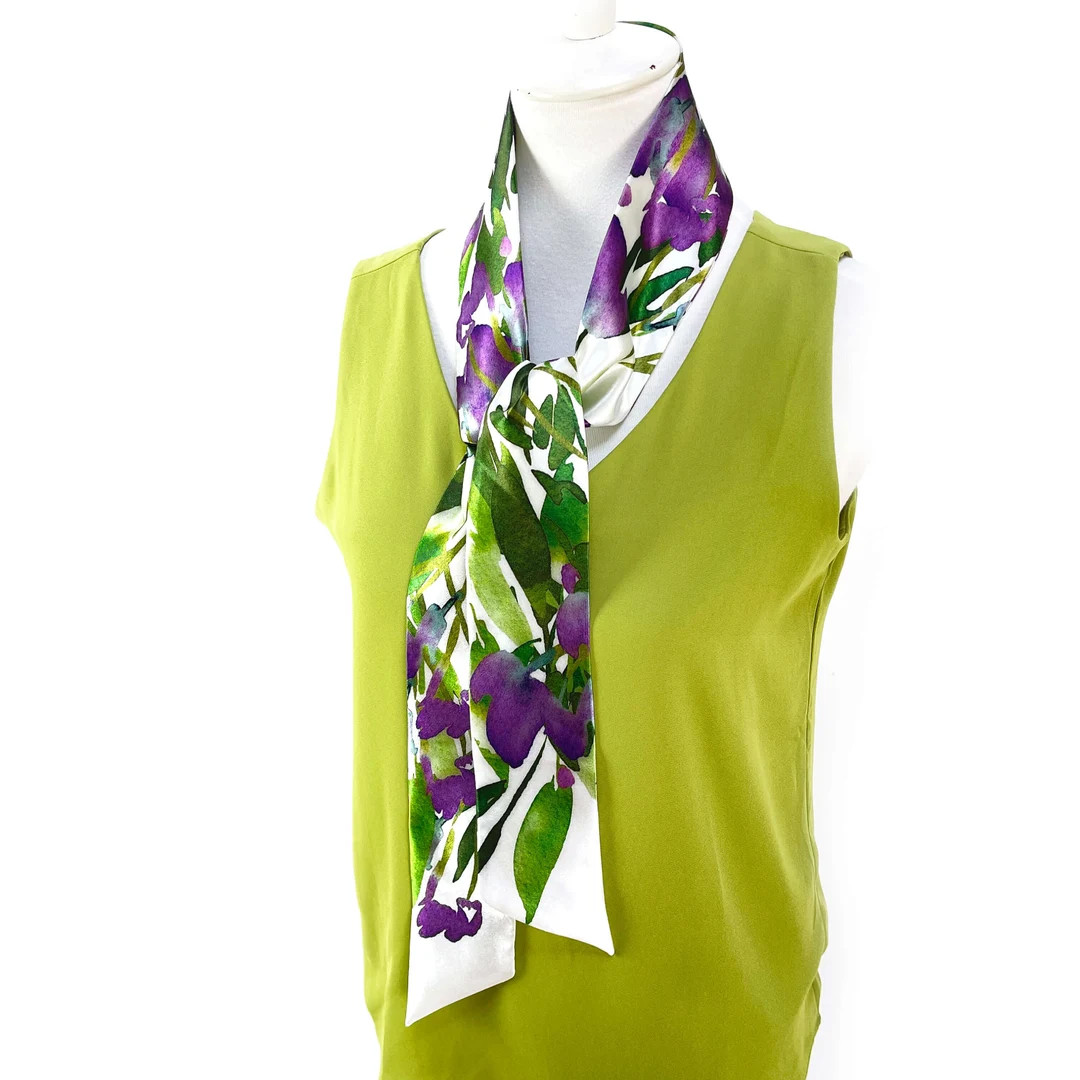 Watercolor Floral Skinny Scarf, Purple and Green Leaves, Satin Hair Tie - Etsy | Etsy (US)