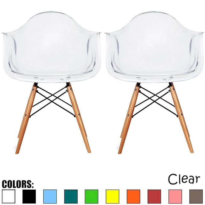 2xhome Set of 2 Clear Plastic Armchair Natural Wood Legs Eiffel Dining Room Chair Lounge Chair Ar... | Amazon (US)